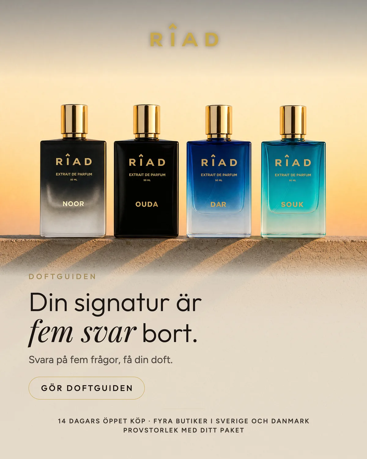 Annons: fyra flaskor i rad på en mur i kvällssol, rubriken Din signatur är fem svar bort